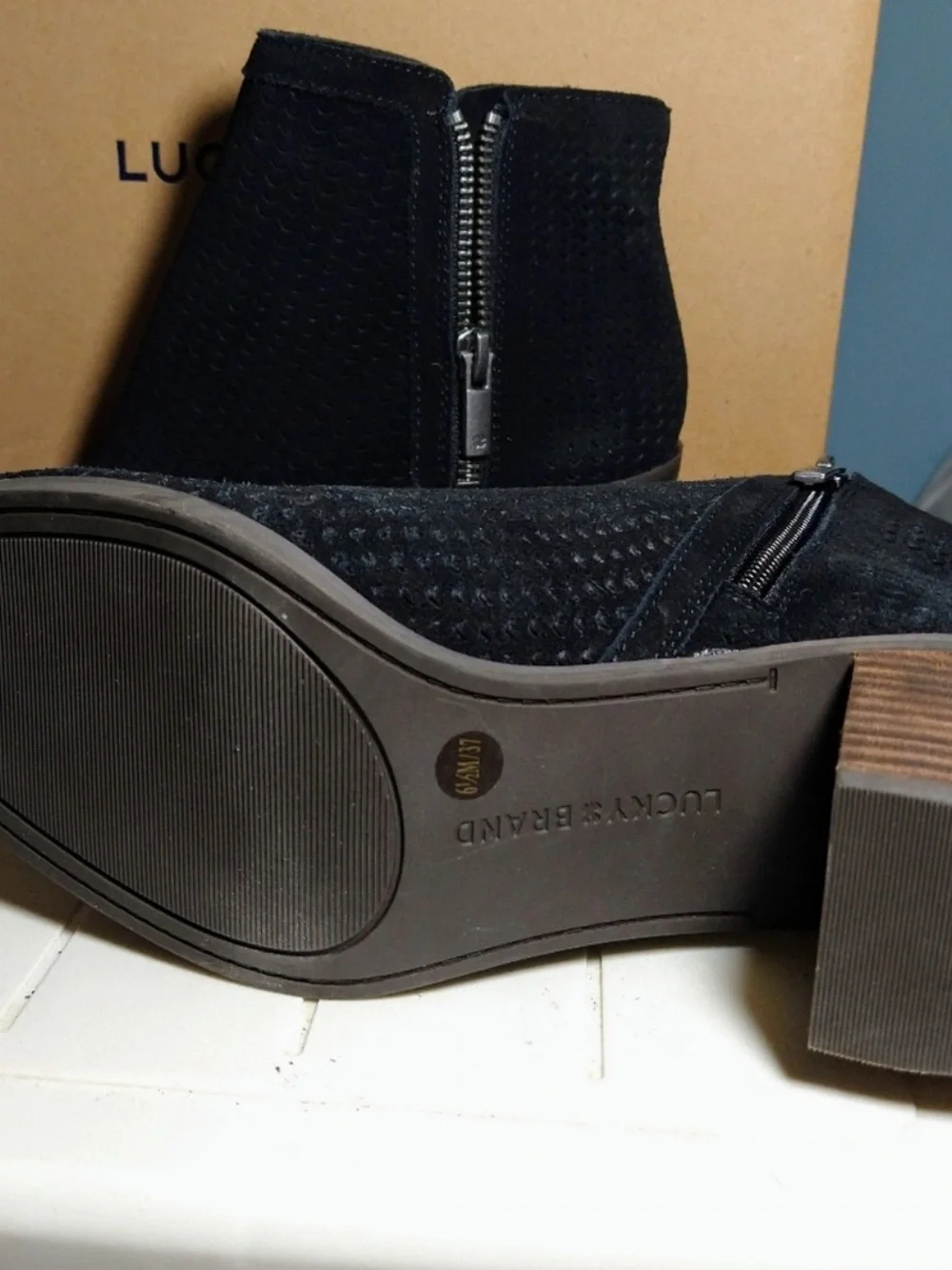 Lucky Brand Black Suede Textured Ankle Booties with Side Zip